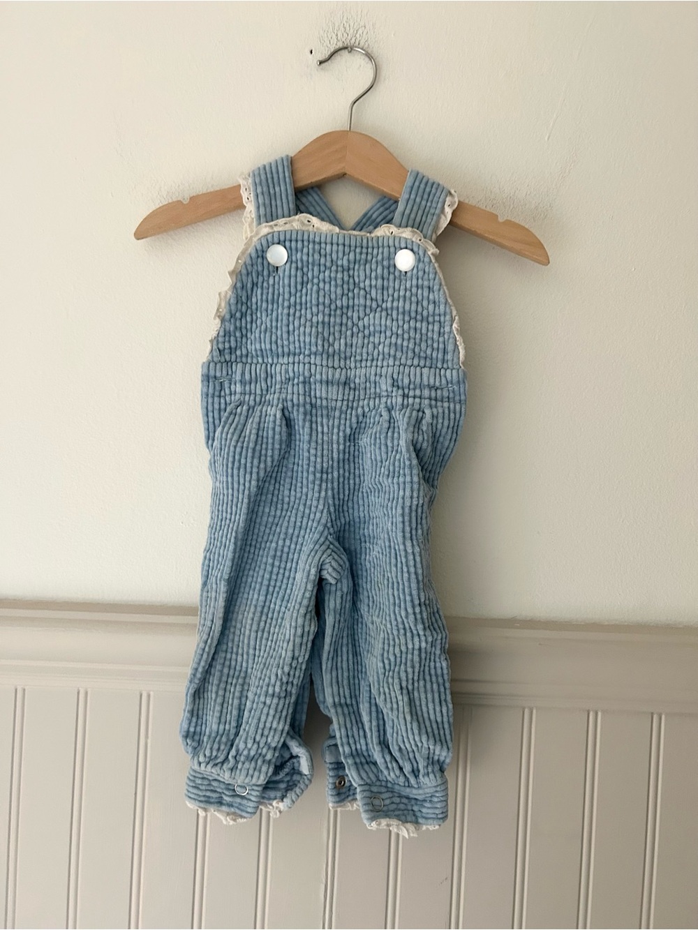 Vintage Popsicle Baby Corduroy Blue Overalls Lace Eyelet Bib 6 Months